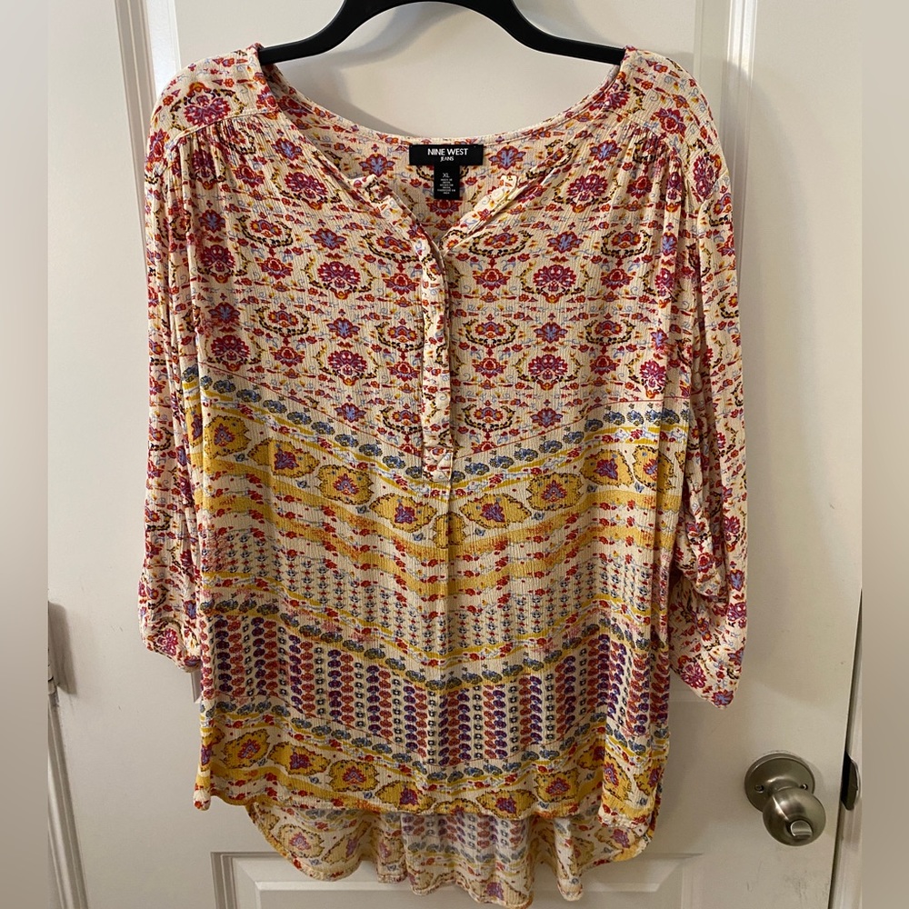 Nine West, XL, Yellow/Cream blouse with Red & Pink designs